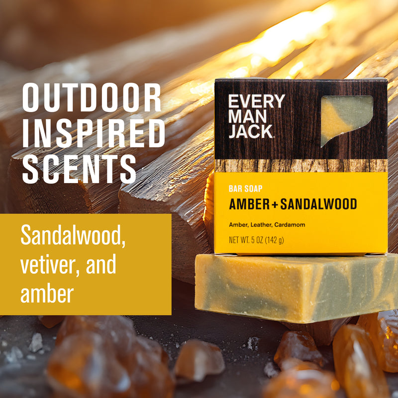 Every Man Jack Amber + Sandalwood bar soap box on soap bar, amber stones and sunlit wood background