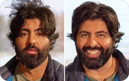 Man showing before and after beard transformation: left unkempt scruffy beard, right fuller neatly trimmed beard and smiling