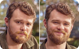 Before and after beard transformation showing a man with a styled beard and facial hair.