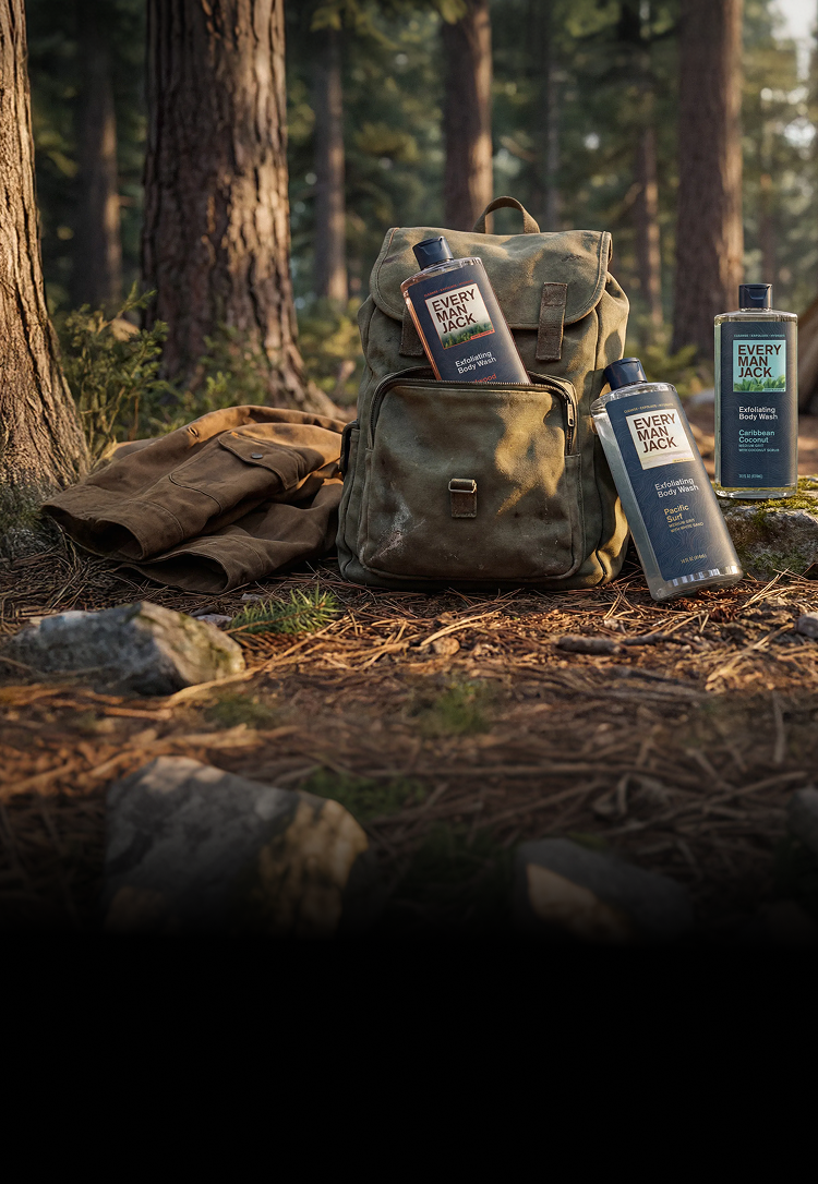 Backpack with Premium products in a forest setting