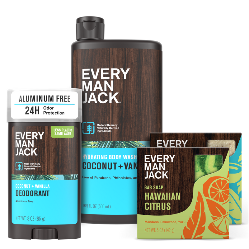 Every Man Jack Coconut + Vanilla Deodorant, Hydrating Body Wash, and Hawaiian Citrus Bar Soap bundle with visible product details and text