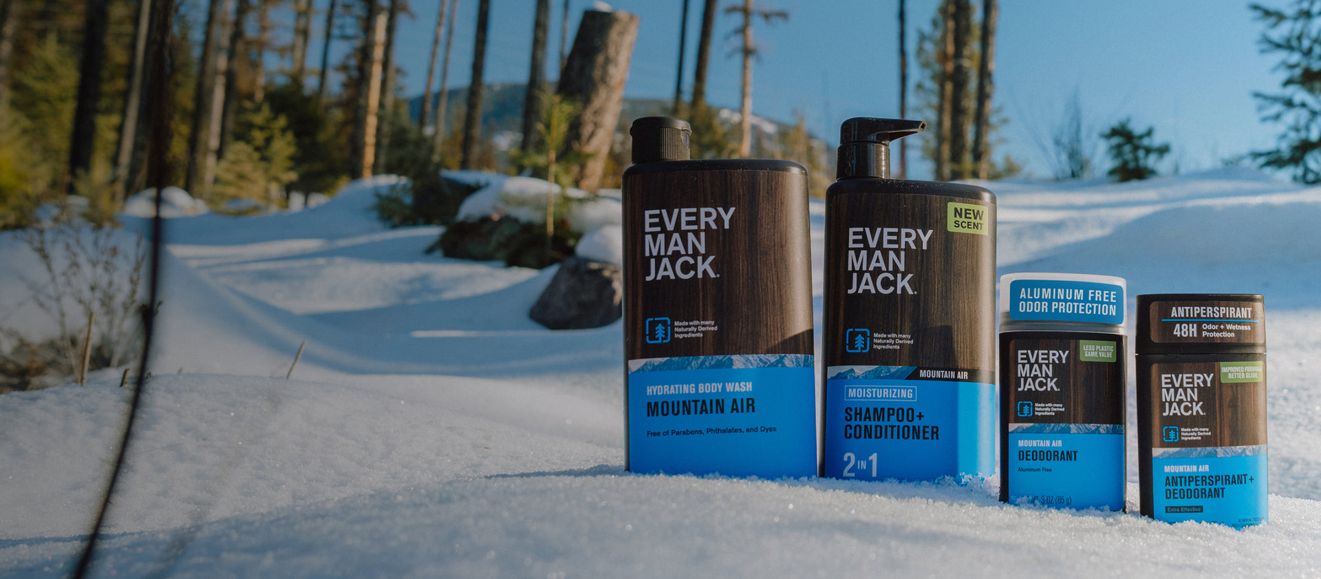Front of Every Man Jack Mountain Air lineup: body wash, 2-in-1 shampoo and conditioner, deodorant and antiperspirant in snow