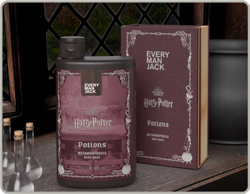 Front view of Every Man Jack Potions Metamorphosis body wash (13.5 fl oz) and box on a potion table