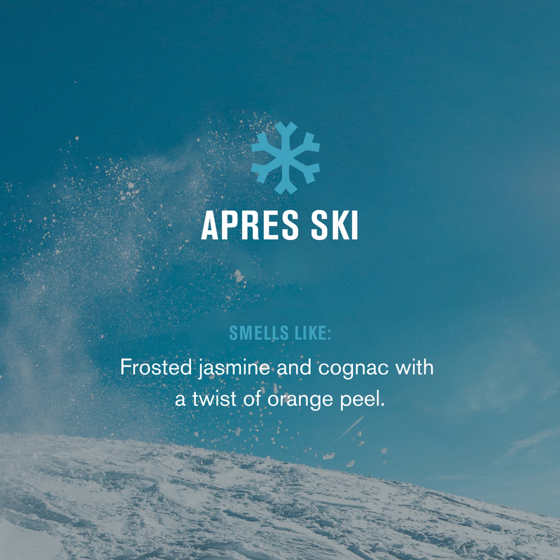 Snowflake logo over snowy slope, APRES SKI — SMELLS LIKE: Frosted jasmine and cognac with a twist of orange peel.