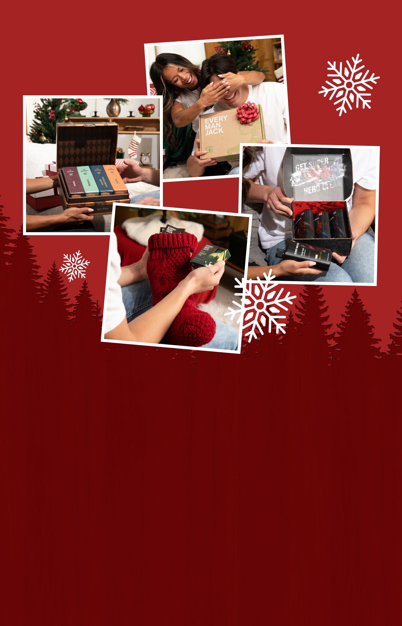 Cyber Monday Sale red background with Harry Potter kit, Stocking with bar soap, and gift box