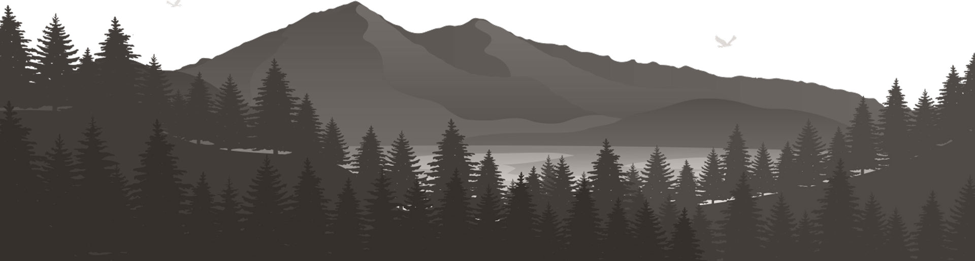 Mt. Tam mountain silhouette behind layered pine forest and a calm lake, grayscale landscape illustration