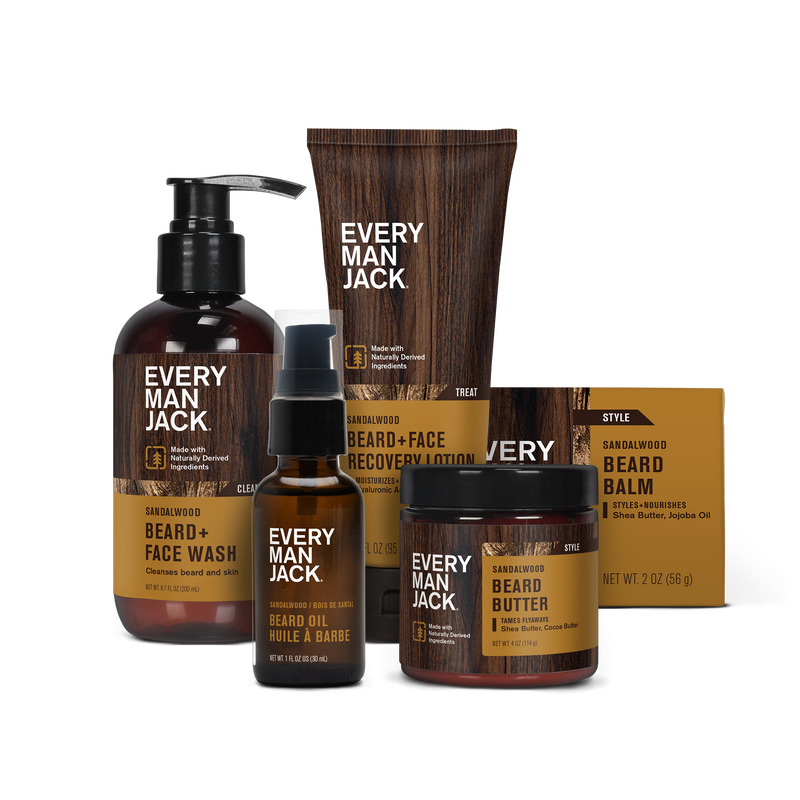Sandalwood Beard Care Bundle including beard wash, recovery lotion, oil, balm, and butter.