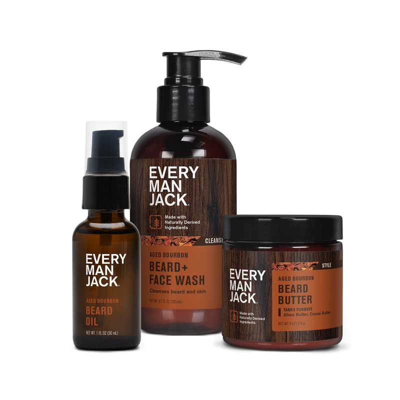 Aged Bourbon Beard Care Starter Bundle including Beard Oil, Beard + Face Wash, and Beard Butter