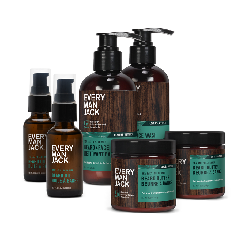 Sea Salt Beard Care Collection including beard oil, beard butter, and face wash.