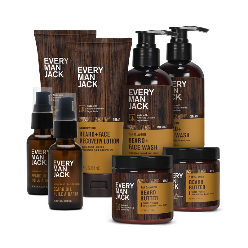 Every Man Jack Sandalwood Beard Care Starter Bundle including beard oil, face wash, and beard butter.