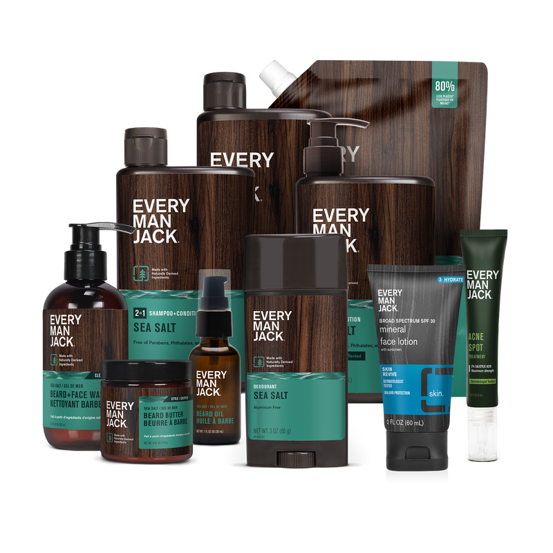 Front view of Every Man Jack Sea Salt bundle showing deodorant, body wash, beard and face products on white background