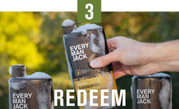 Hand holding an Every Man Jack Sandalwood bottle with two other bottles and large REDEEM overlay