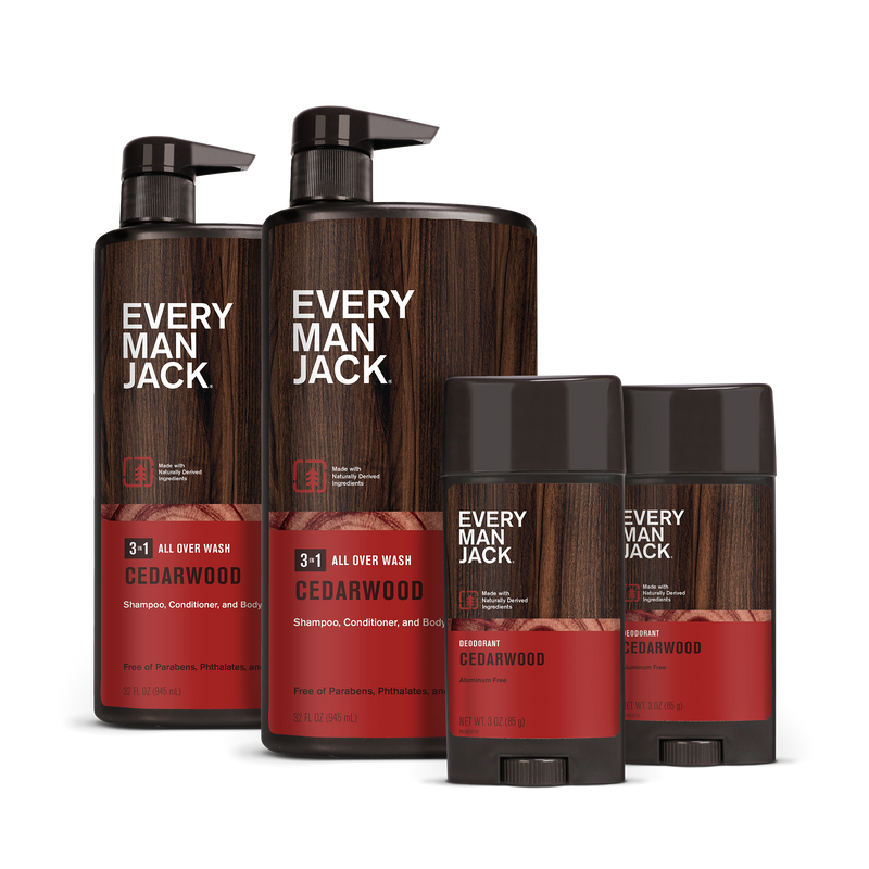 Every Man Jack Cedarwood shampoo, conditioner, and body wash set with pump bottles and deodorant sticks