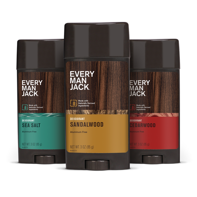 Three Every Man Jack deodorant sticks labeled Sea Salt, Sandalwood, and Cedarwood, each with "Made with Naturally Derived Ingredients" and "Aluminum Free" text.