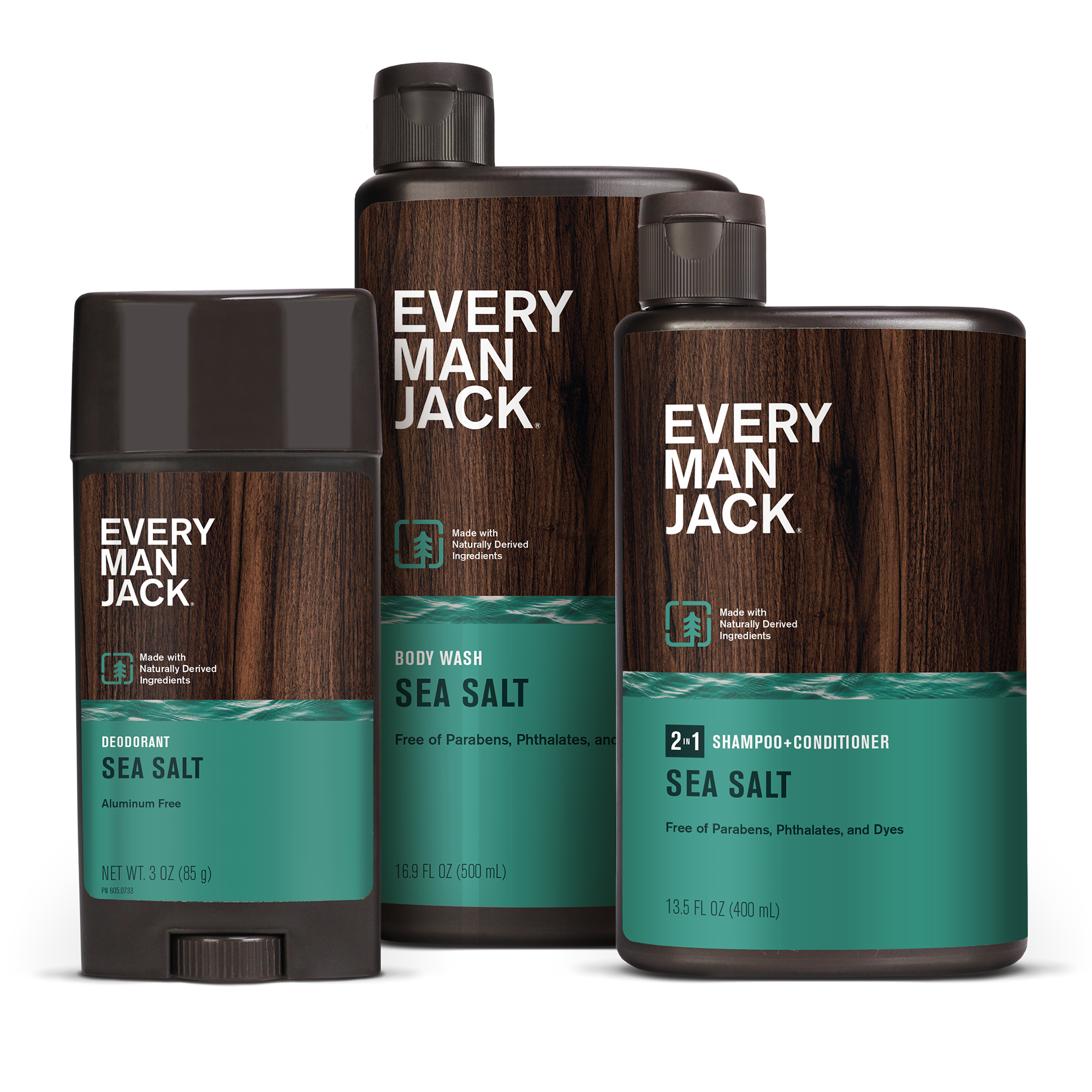 Every Man Jack Sea Salt bundle including deodorant, body wash, and 2-in-1 shampoo-conditioner.