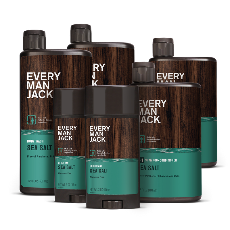 Every Man Jack Sea Salt body wash, deodorant, and shampoo bottles with brown and teal labels