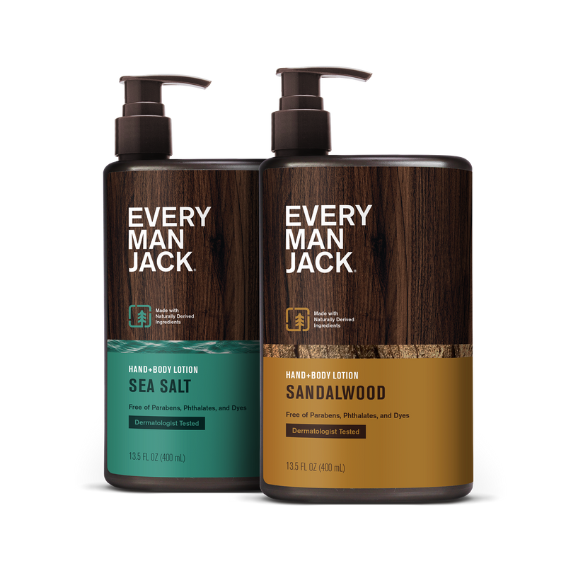 Front view of Hand + Body Lotion Variety Bundle showcasing Sea Salt and Sandalwood pump bottles on a transparent background